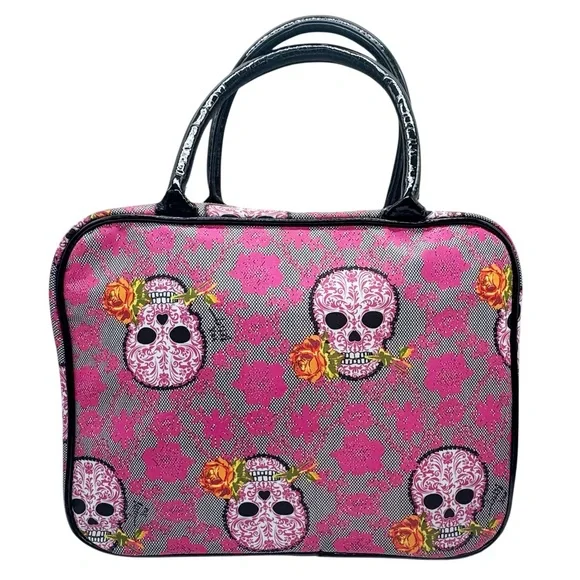 BETSEY JOHNSON Designer Pink Skull Rose Print Large Cosmetic Travel Vacation Bag - Picture 2 of 14